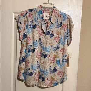 Rye Cream Button-Down Shirt with Red, Blue & Gold Rooster Print